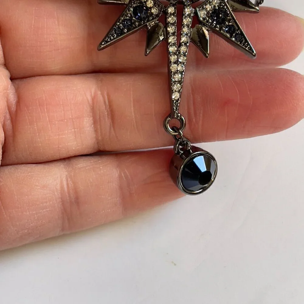 Antique Reproduction Simulated Sapphire Clear Pave Crystal Gunmetal Star Brooch